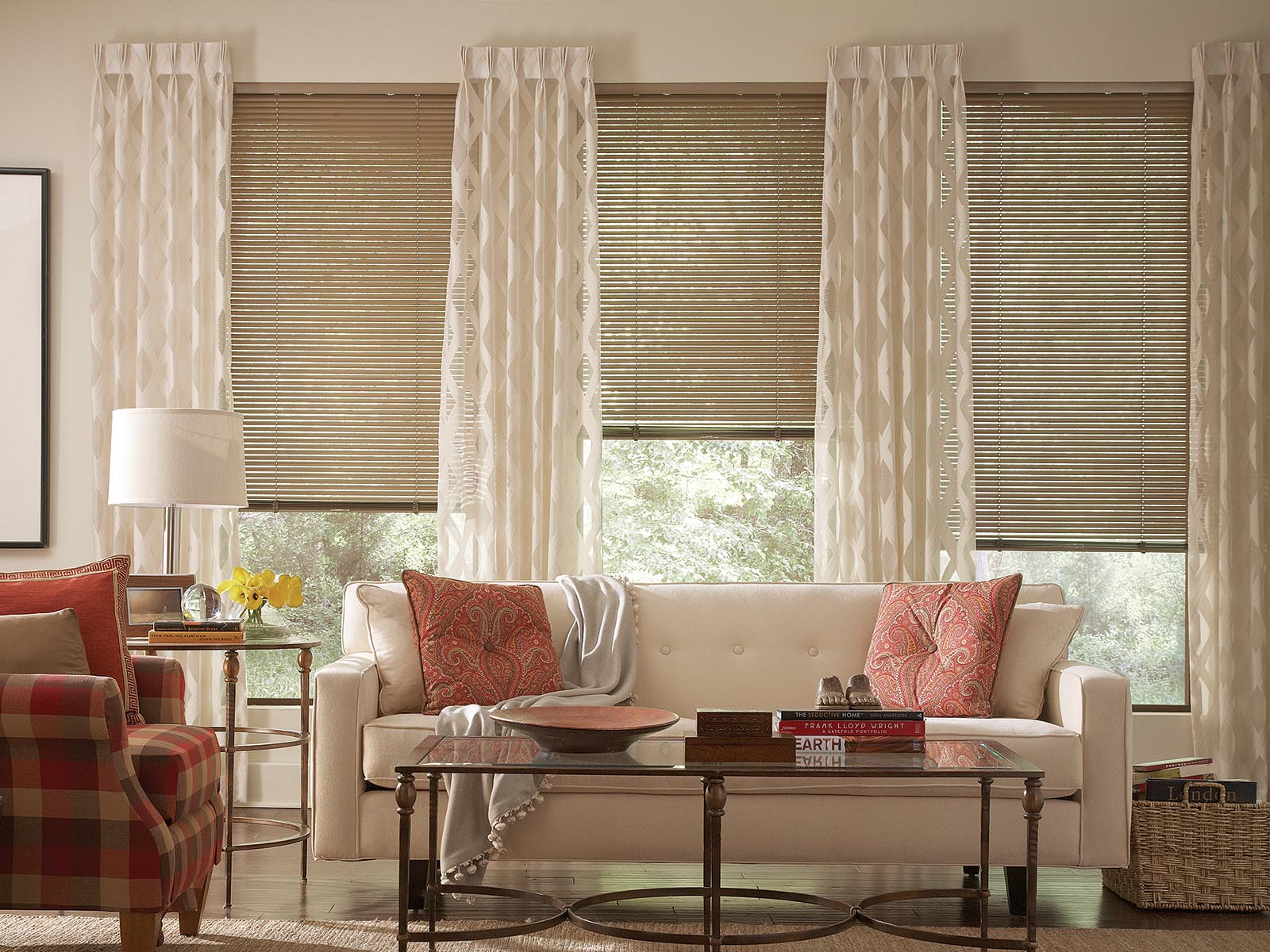 timber wooden blinds on window behind curtains