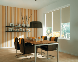 roller blind thermal in living room with striped wall