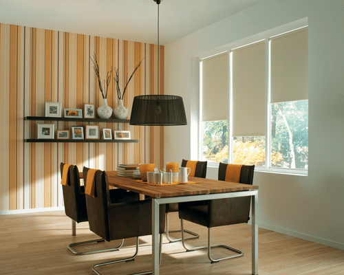 dining room with bold stripe wallpaper and thermal cream roller blinds on windows